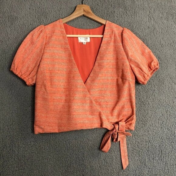 REVOLVE Line and Dot Zoe Wrap Top Linen Blend Puff Sleeve V-Neck Orange Small - Picture 1 of 11